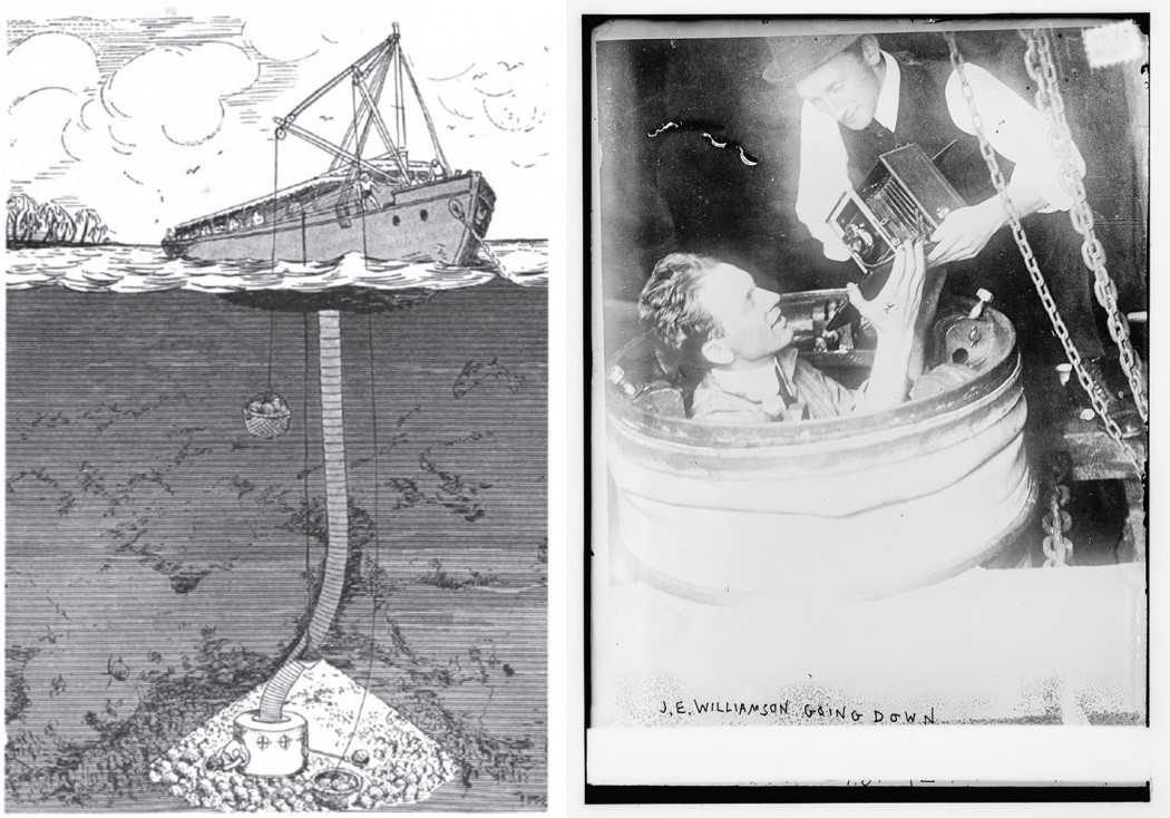 John Ernest Williamson víz alatti fotózási megoldása és amint épp alámerül kamerájával – Forrás: George Williamson; Library of Congress